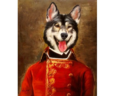 Alaskan Malamute Hund im Kleid, handgemaltes Ölbild